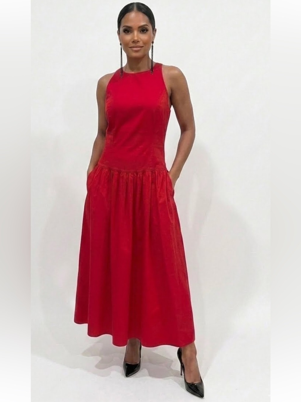 Abercrombie & Fitch Cotton High Neck Drop Waist Sleeveless Maxi Dress Red New L - Picture 2 of 12
